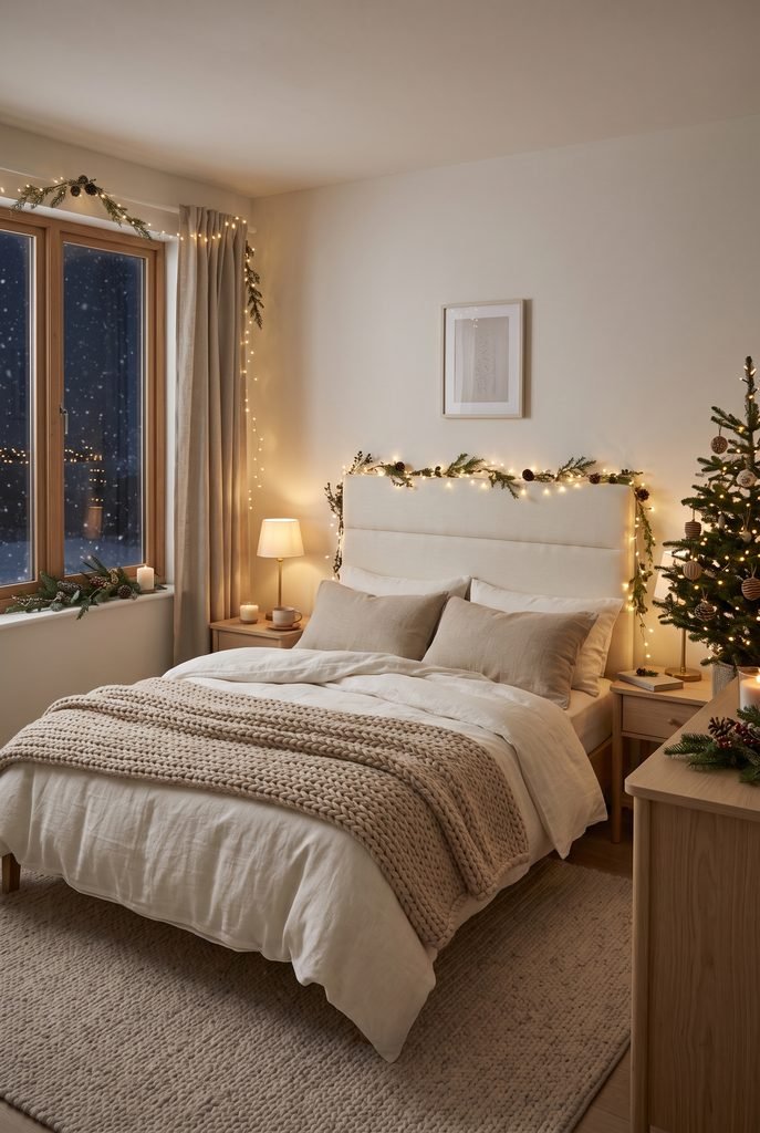 Cozy Christmas bedroom decorated with warm white fairy lights around the headboard