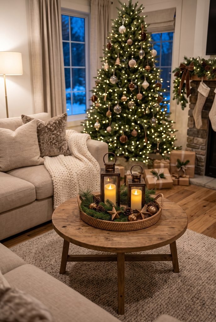 Christmas coffee table decorated with lanterns and evergreen branches
