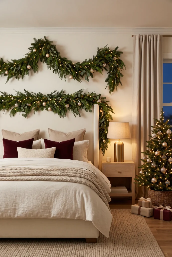 Evergreen Christmas garland woven with warm white lights across a bedroom headboard