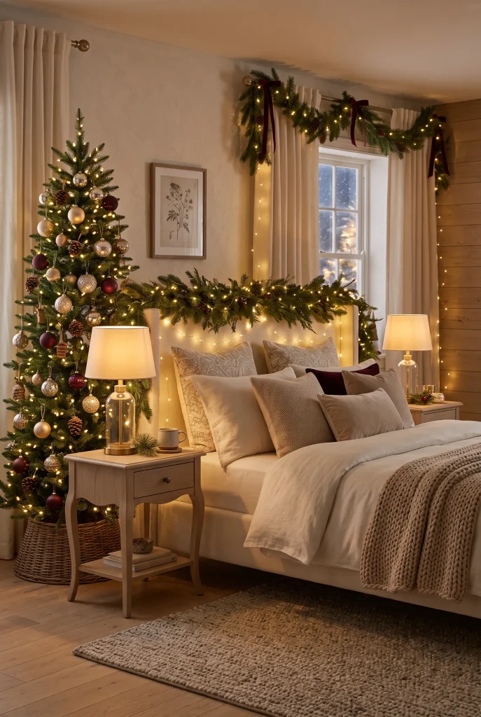 Christmas bedroom glowing with warm white fairy lights around the bed and greenery