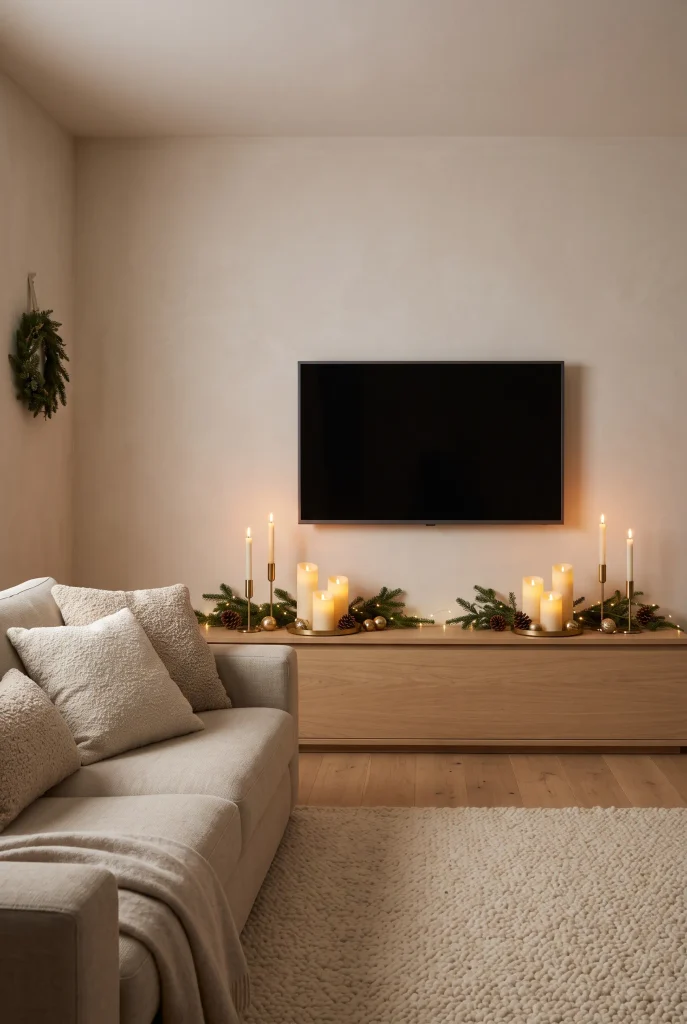Cozy TV wall decorated with evergreen branches, candles, and warm Christmas lighting