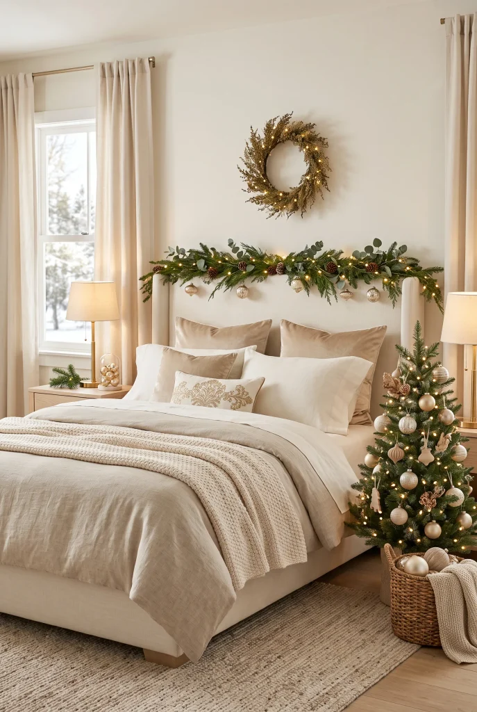 Small neutral Christmas tree beside a cream upholstered bedroom