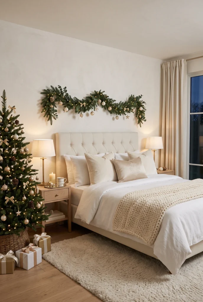 Elegant white and gold Christmas bedroom with champagne ornaments and warm lighting