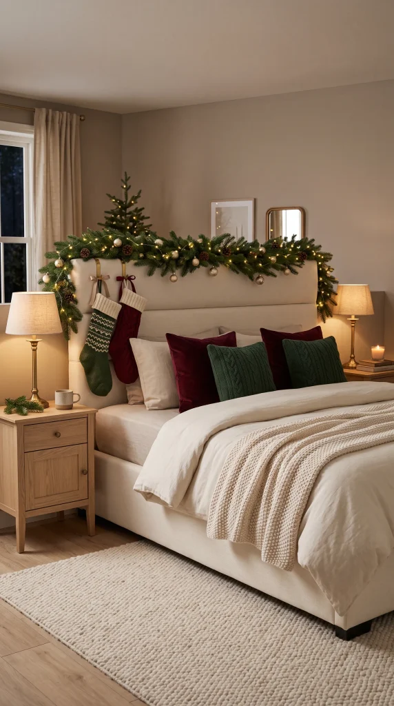 Christmas bedroom with knitted stockings hanging beside a cream upholstered bed