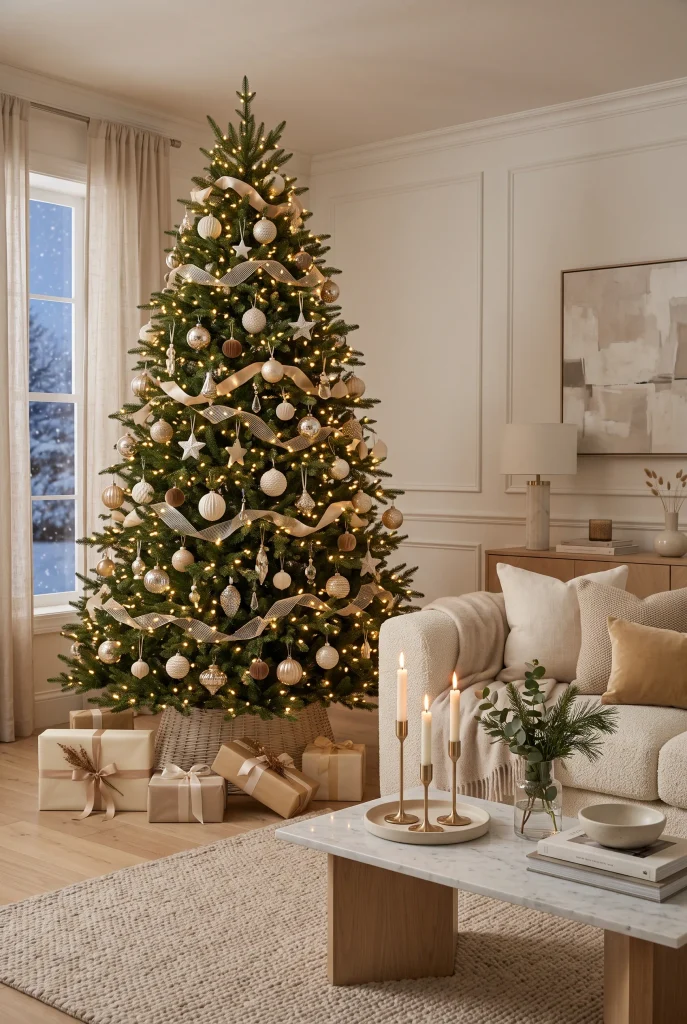 Modern Christmas tree decorated with champagne gold and ivory ornaments