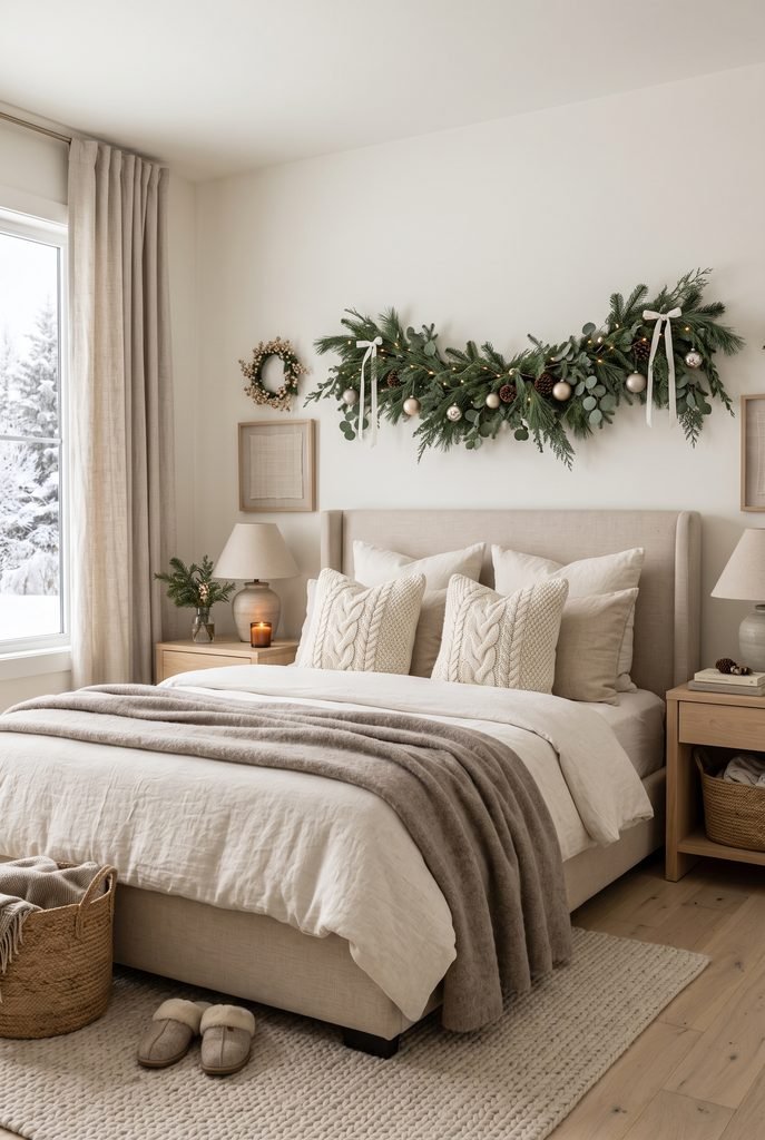 Neutral Christmas bedroom with cream bedding, sage greenery, and champagne accents