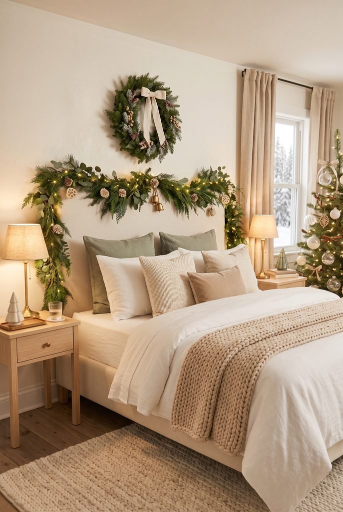 Neutral Christmas bedroom decorated with greenery, beige bedding, and sage accents