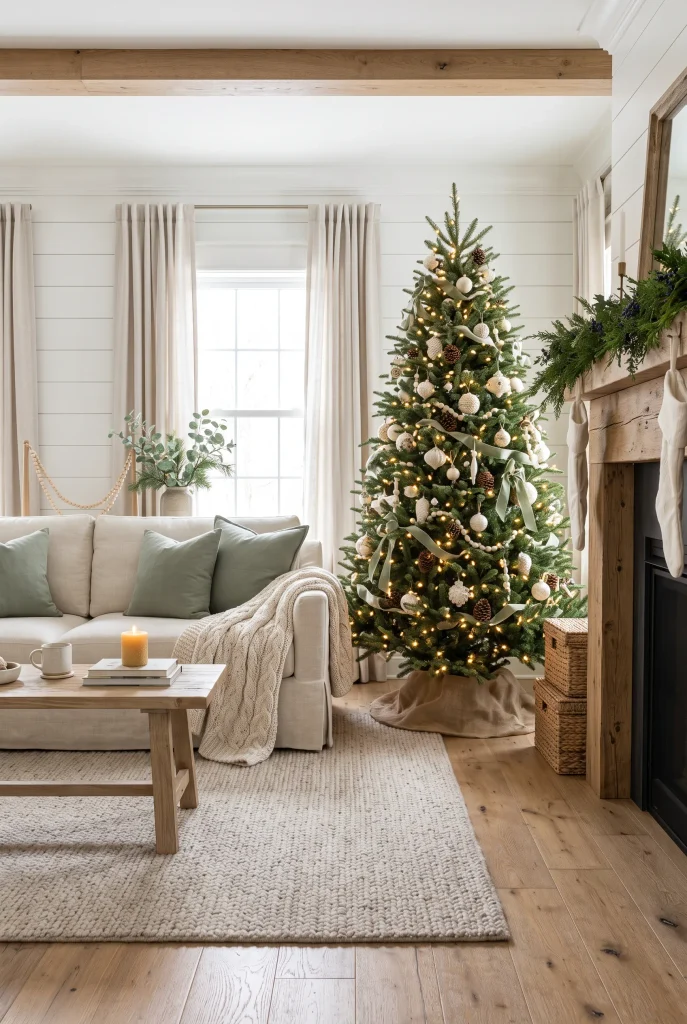 Neutral farmhouse Christmas living room with cream, beige, sage, and natural wood decor