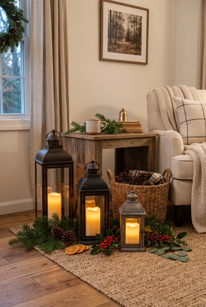 Rustic Christmas lantern display arranged in a cozy living room corner