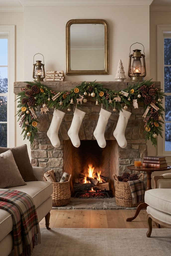 Rustic woodland Christmas mantel with pinecones, birch branches, dried oranges, and greenery