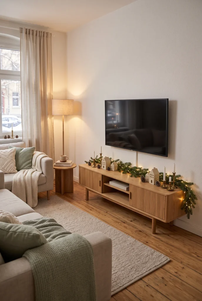 Small TV console decorated with Christmas greenery and warm lights