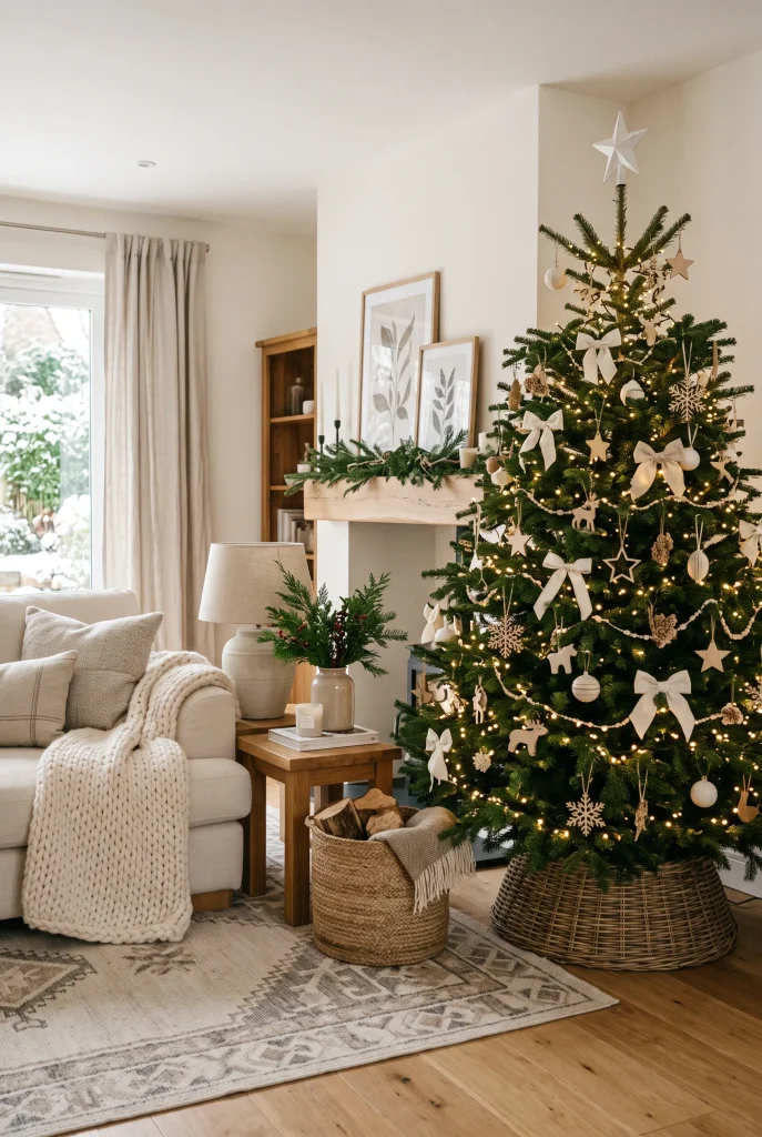 White Christmas tree decorated with natural wood ornaments and warm lights