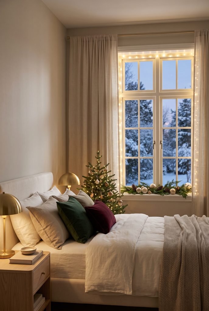 Christmas lights framing a bedroom window with evergreen decor