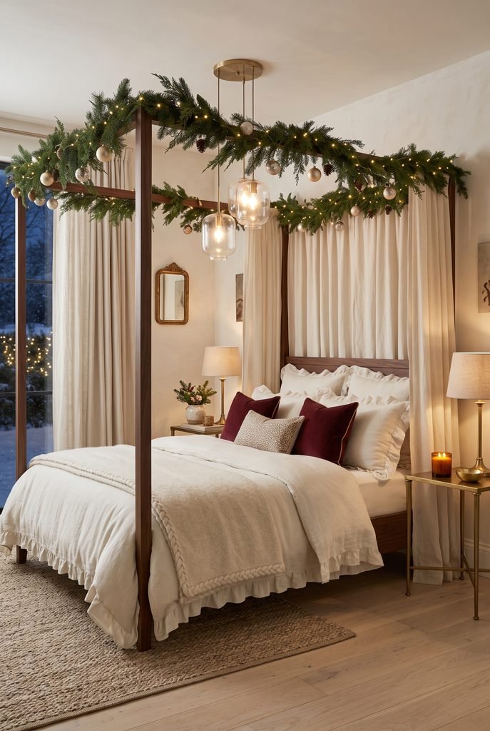Elegant bedroom with evergreen garland and warm lights decorating a canopy bed