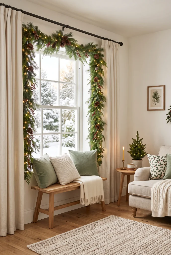 Christmas garland decorating a living room corner window