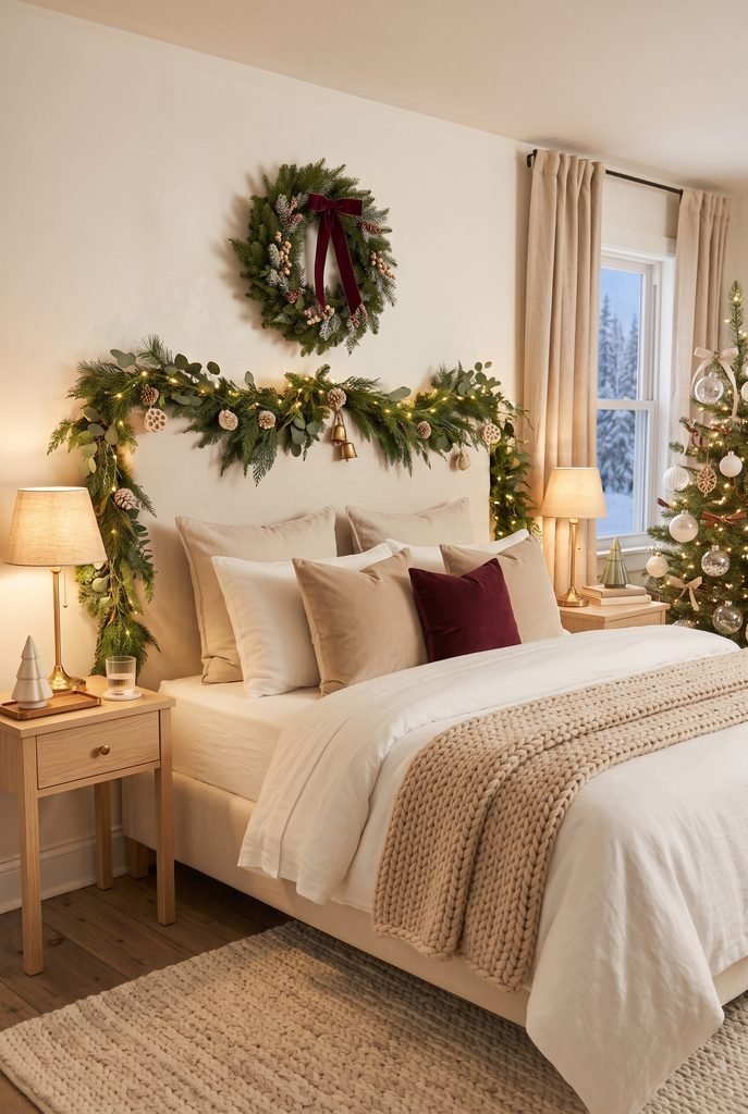 Evergreen Christmas wreath centered above a cream upholstered bed