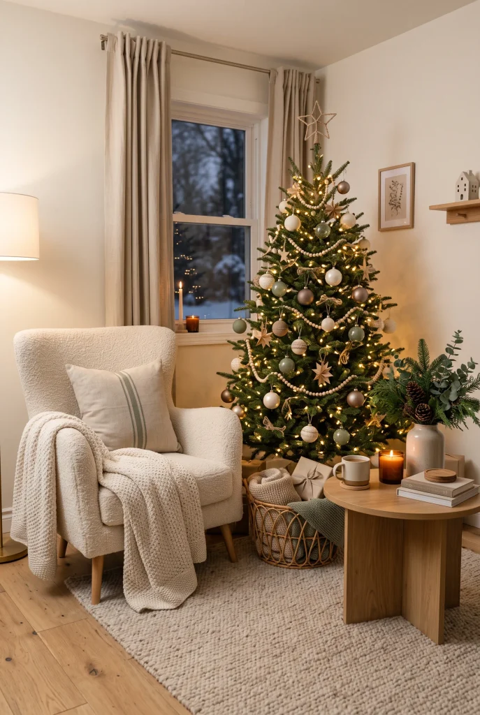 Cozy neutral Christmas corner with an armchair, small tree, woven basket, and blankets