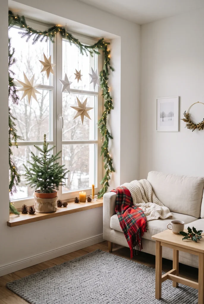 Small living room window decorated with evergreen branches and Christmas lights