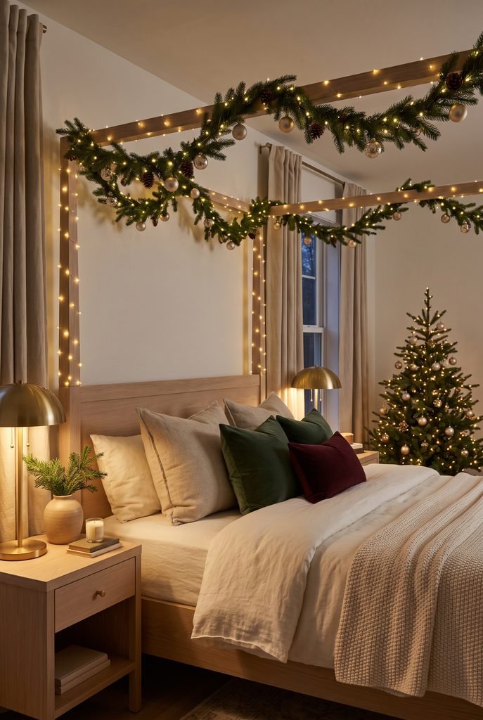 Warm Christmas lights wrapped around a canopy bed