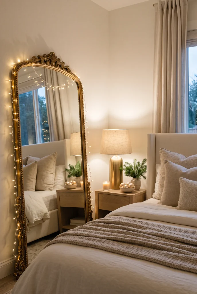 Bedroom mirror framed with delicate warm white Christmas lights and greenery