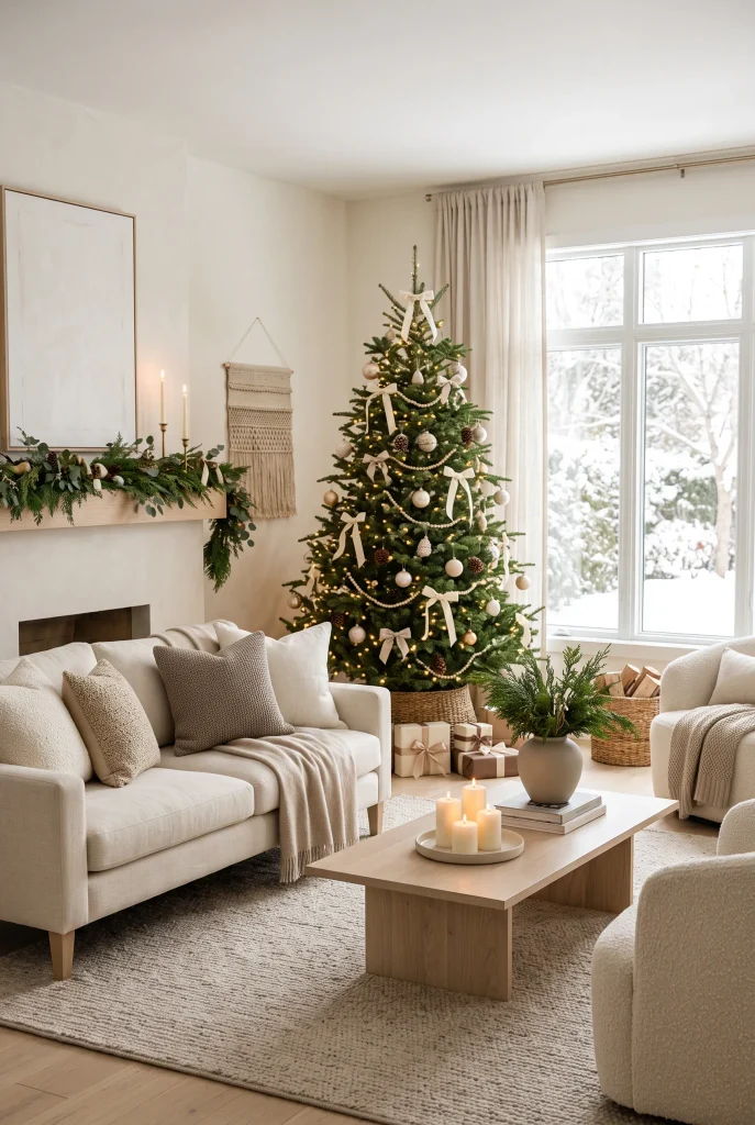Neutral Christmas living room with ivory, beige, champagne, and muted green decor