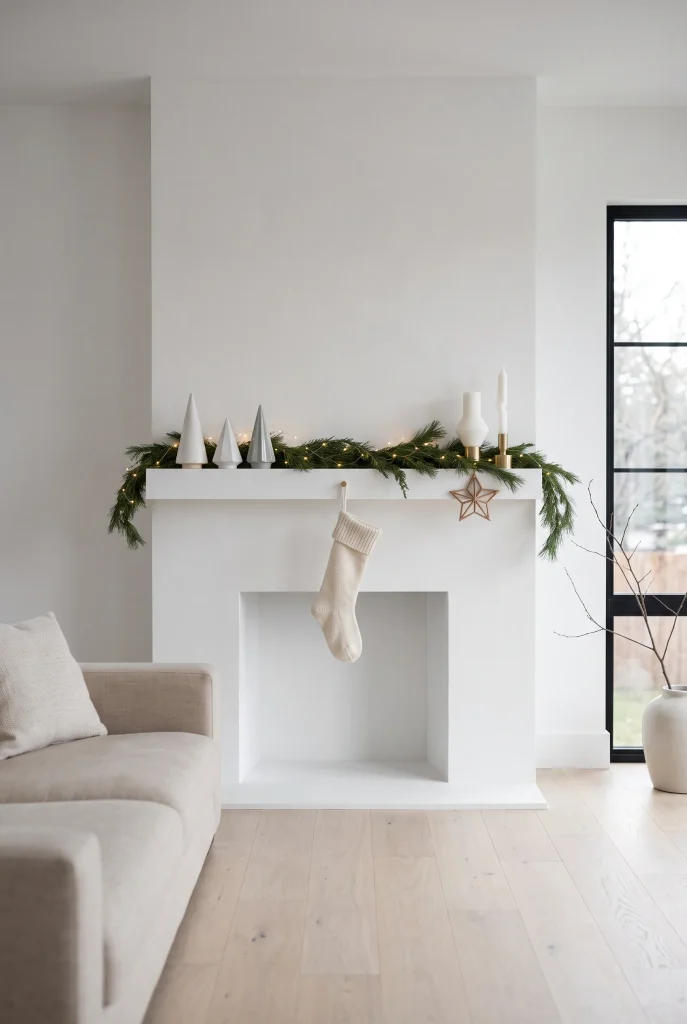Minimalist Christmas mantel with simple evergreen garland, white candles, and ceramic trees