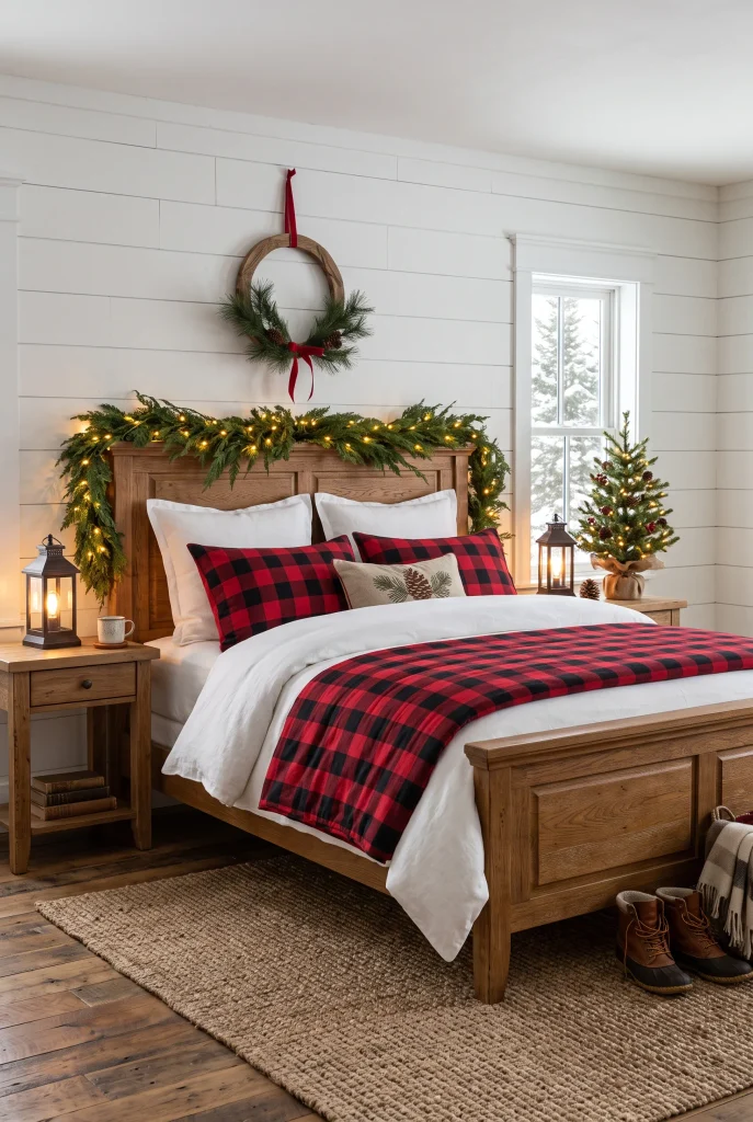 Rustic bedroom with red buffalo check Christmas bedding, cream knit throw, and evergreen decorations