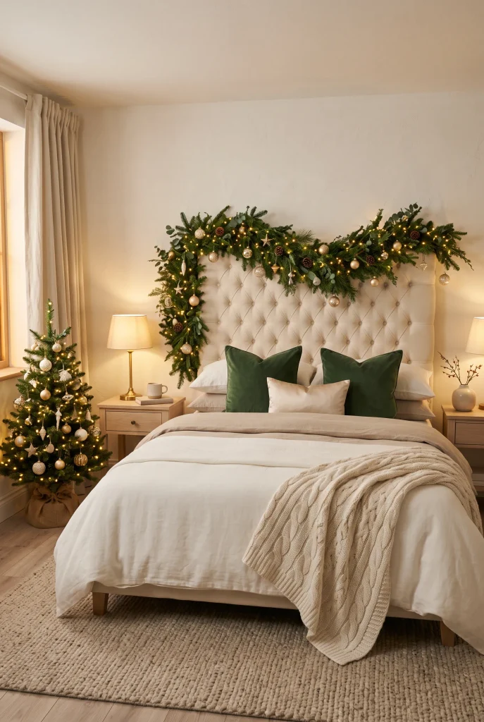 Rustic Christmas bedroom with natural wood furniture, greenery, plaid, and knitted textures