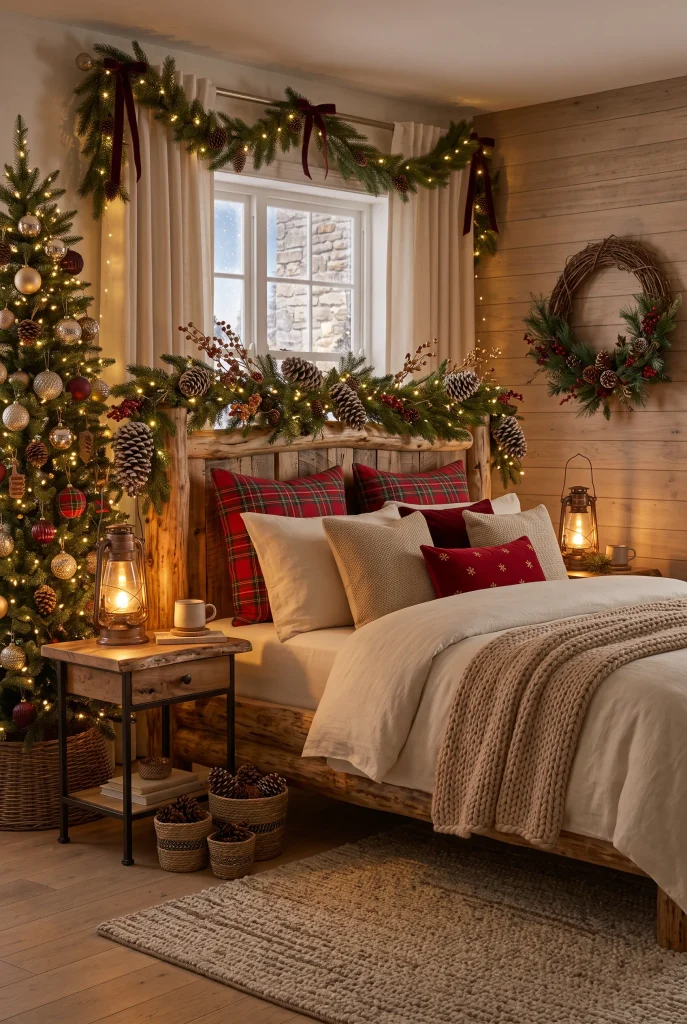 Rustic Christmas bedroom with plaid pillows, wooden furniture, and evergreen decorations