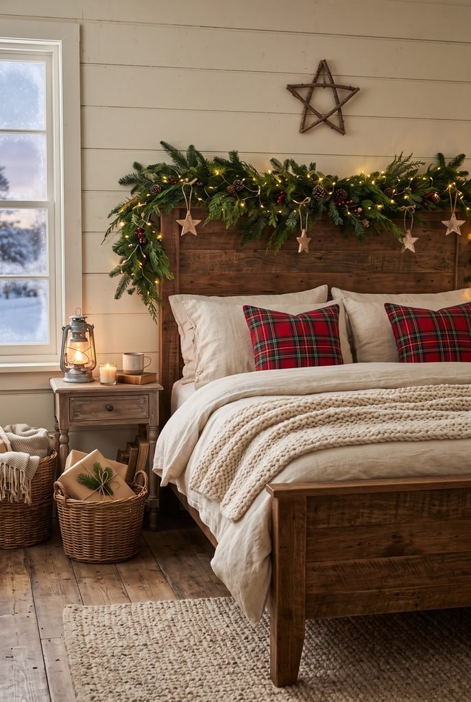 Rustic farmhouse Christmas bedroom with plaid bedding, evergreen greenery, and wood accents