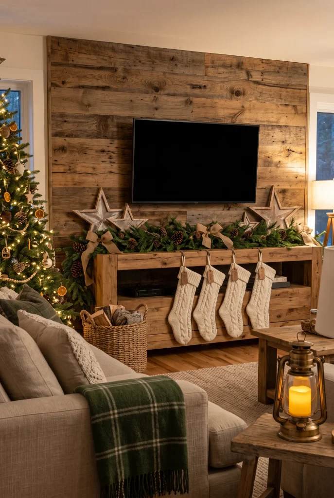 Rustic Christmas TV wall with wood accents, greenery, pinecones, and cream stockings