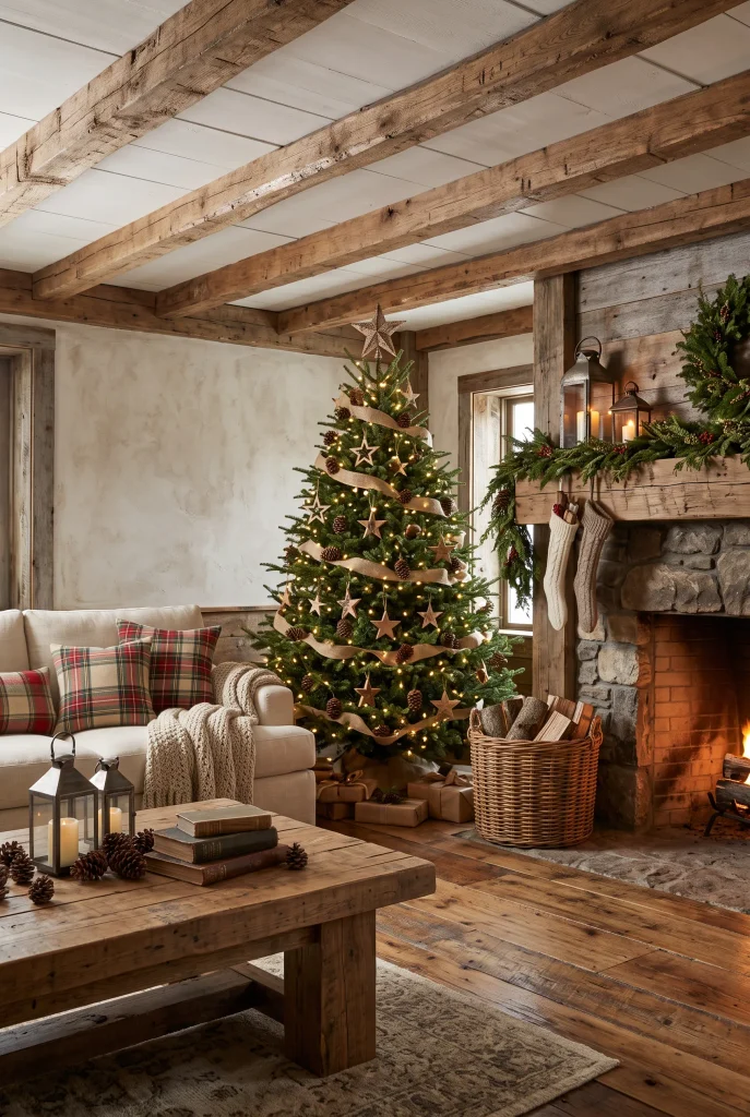 Rustic farmhouse Christmas living room with wooden decorations and natural textures