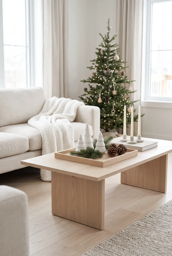 Scandinavian Christmas coffee table with white ceramic trees and greenery