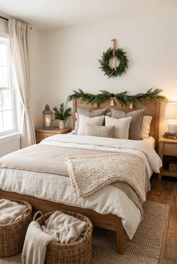 Rustic Christmas bedroom with natural wood furniture and neutral decor