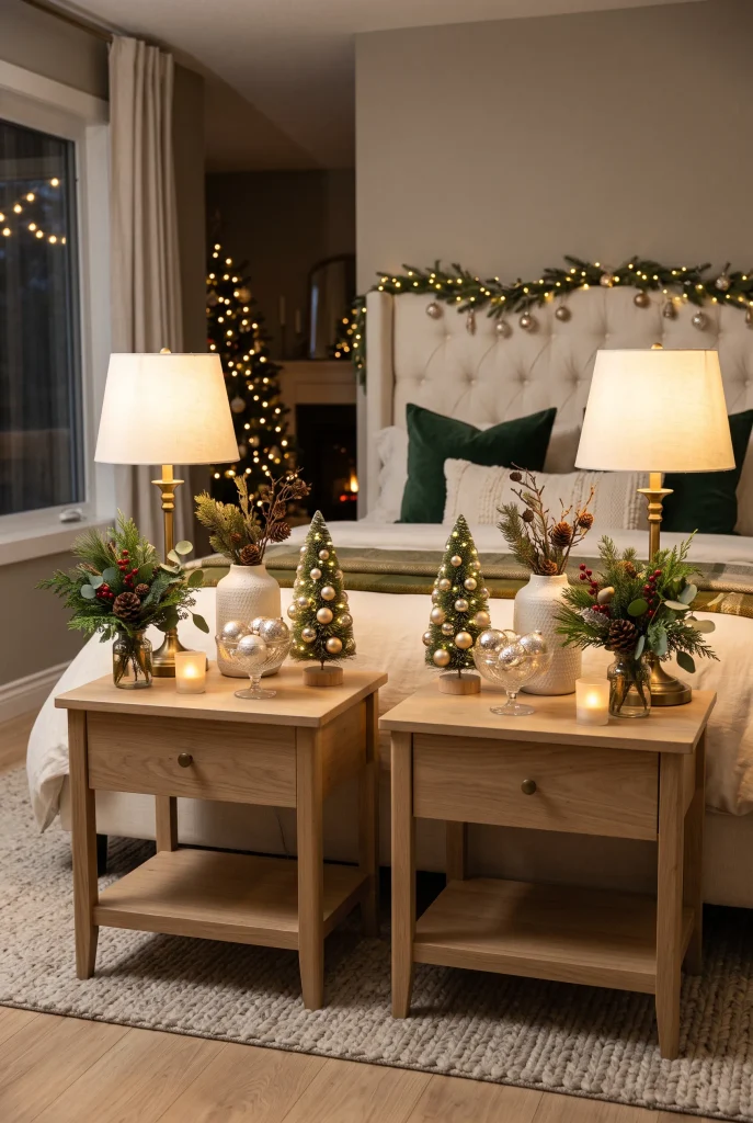 Christmas styled bedside tables with evergreen arrangements, brass lamps, and seasonal accents