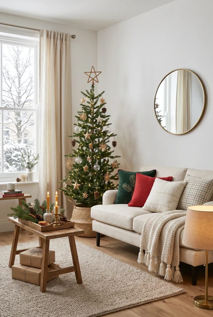 Neutral sofa styled with festive Christmas cushions in green, cream, and red