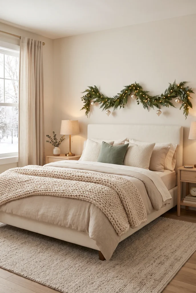 Cozy neutral bedroom featuring a chunky cream knit throw