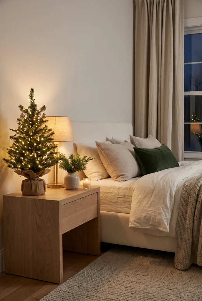 Small glowing Christmas tree with warm white lights on a bedside table