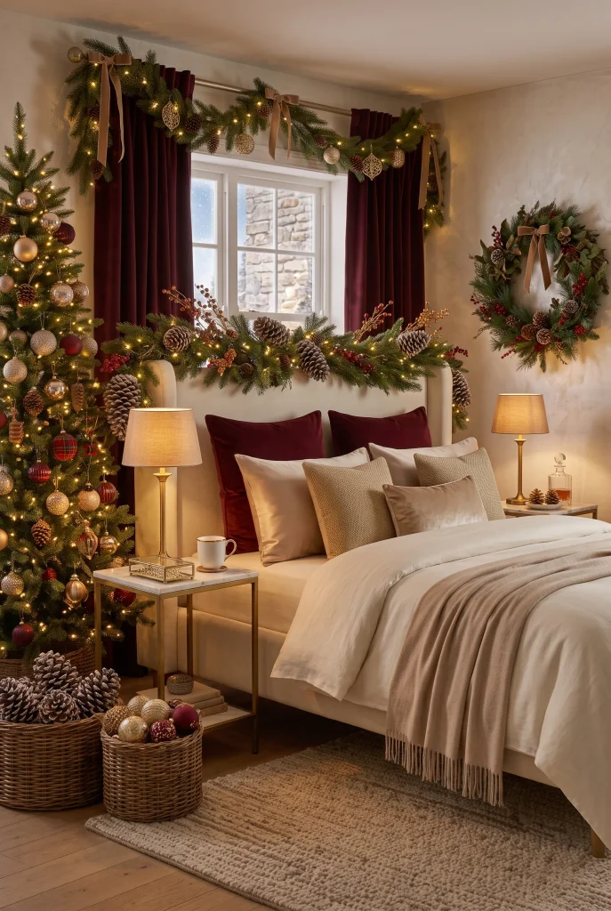 Elegant Christmas bedroom with burgundy velvet pillows, gold accents, and evergreen garland