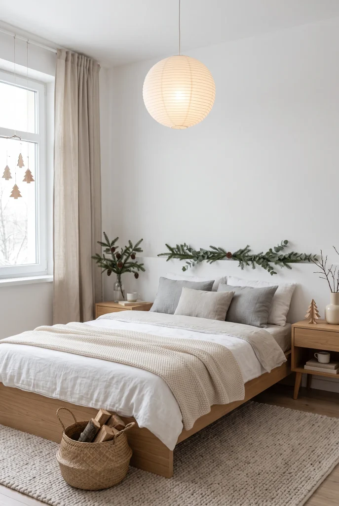 Cozy bedroom with a small decorated Christmas tree beside a cream upholstered bed