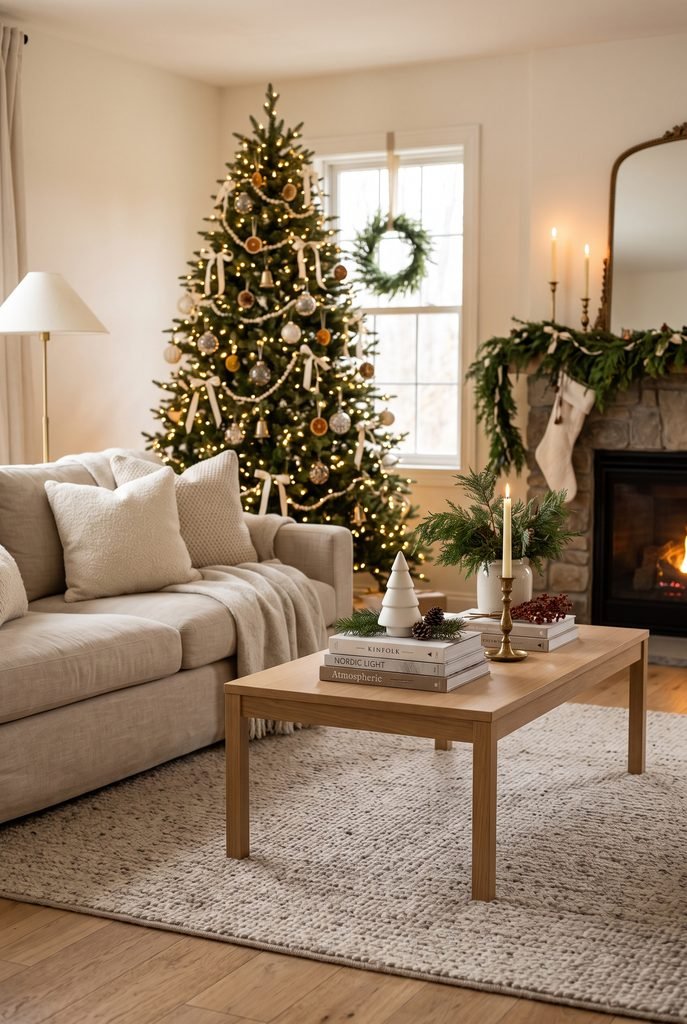 Christmas coffee table with stacked books, greenery, and a ceramic tree