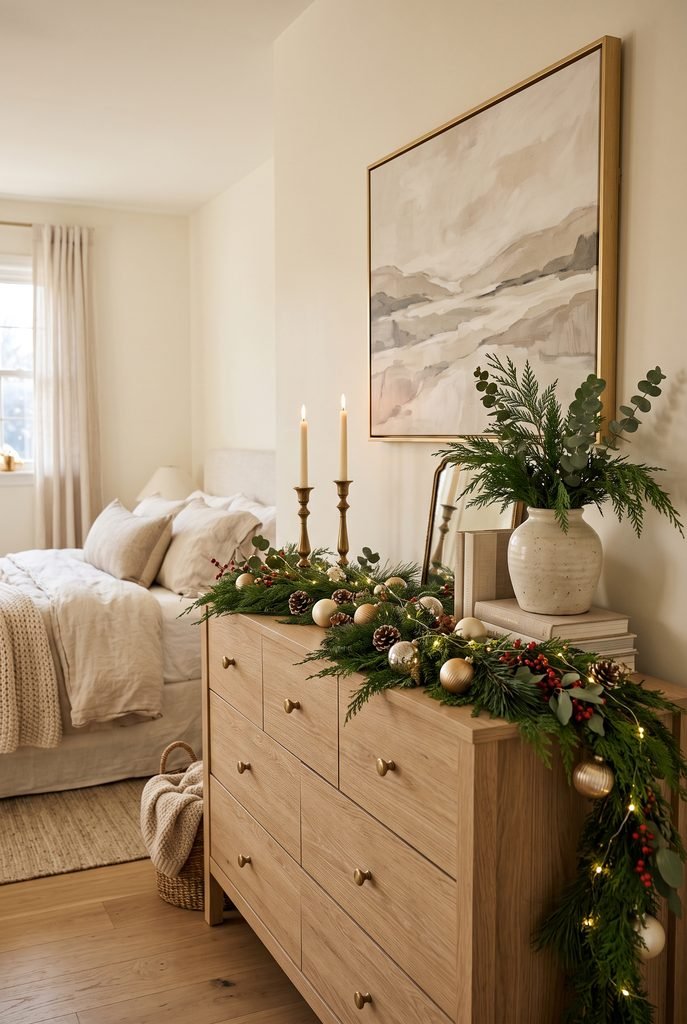 Christmas bedroom dresser styled with evergreen garland, pinecones, ornaments, and brass accents
