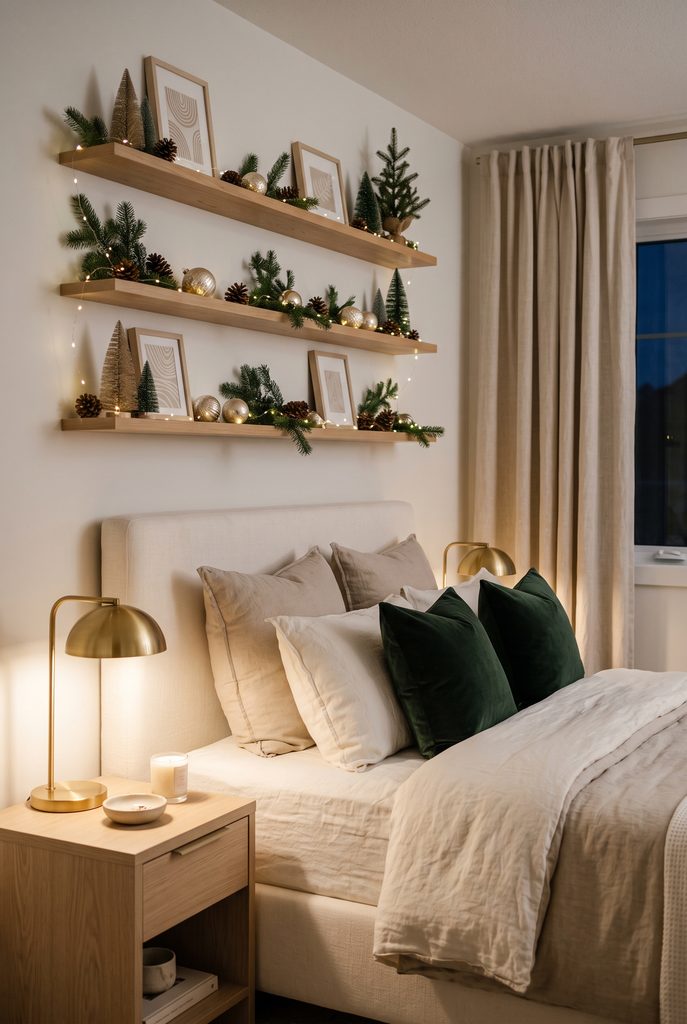 Christmas bedroom shelves decorated with glowing fairy lights