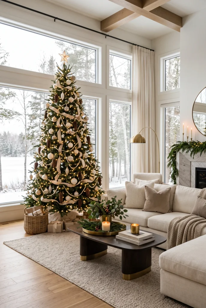 Christmas tree decorated beside floor-to-ceiling windows in an elegant living room