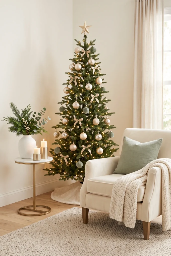 Elegant gold and ivory Christmas decor in a living room corner