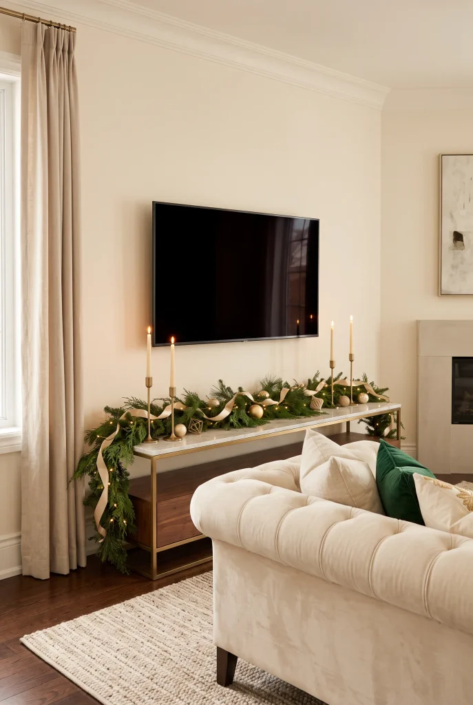 Elegant Christmas TV wall with evergreen garland and subtle gold decorations