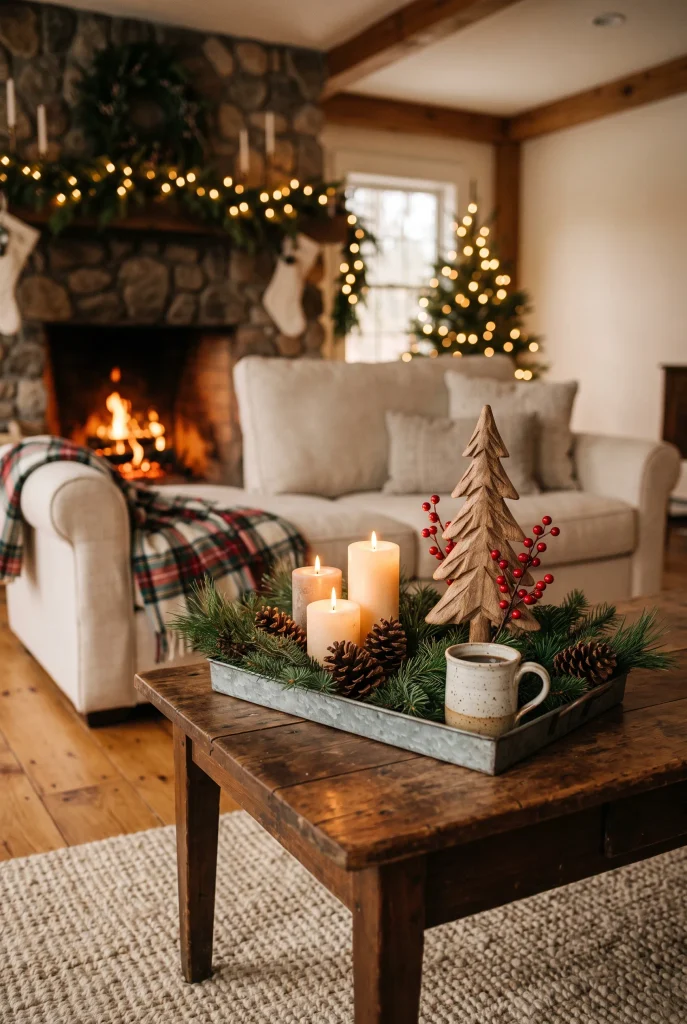Farmhouse Christmas coffee table decorated with greenery, pinecones, and candles
