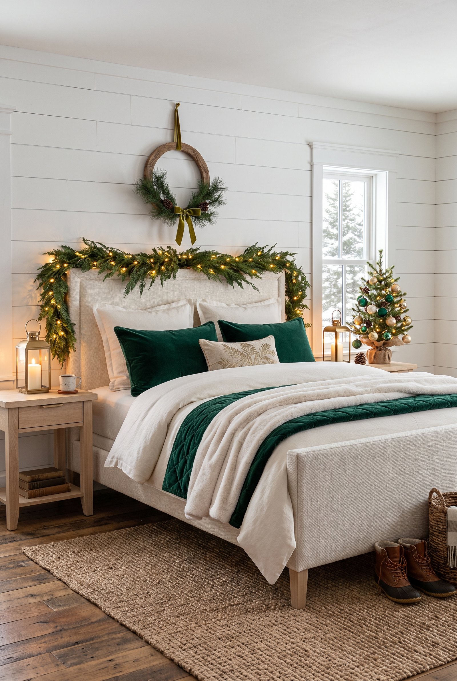 Elegant Christmas bedroom with deep green velvet bedding accents and warm brass lighting