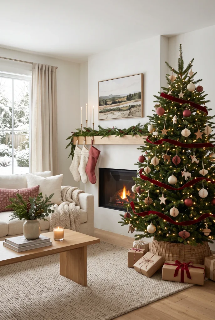 White Christmas tree with warm lights and neutral ornaments in a modern room