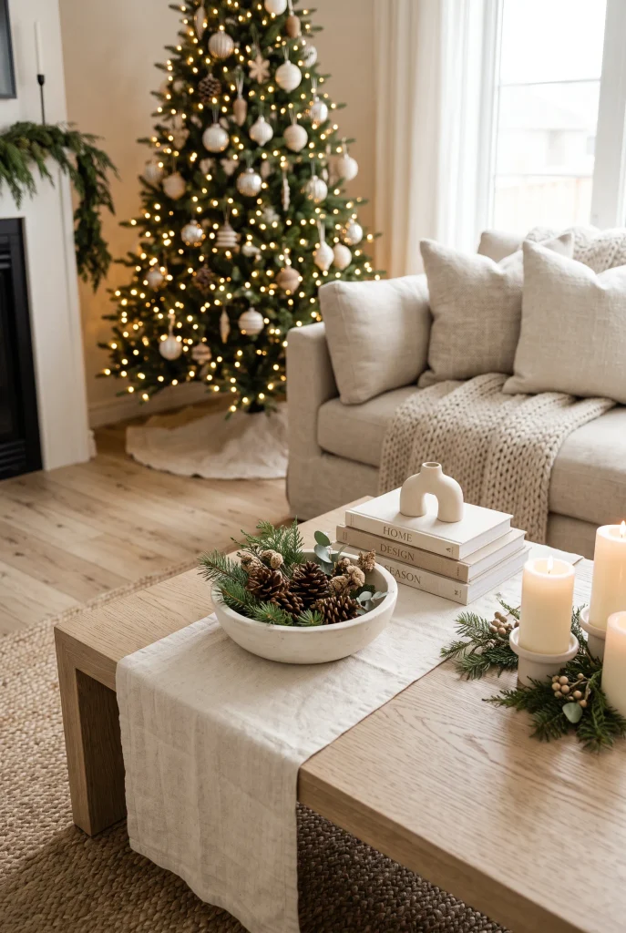 Neutral Christmas coffee table decorated with pinecones, candles, greenery, and ceramics